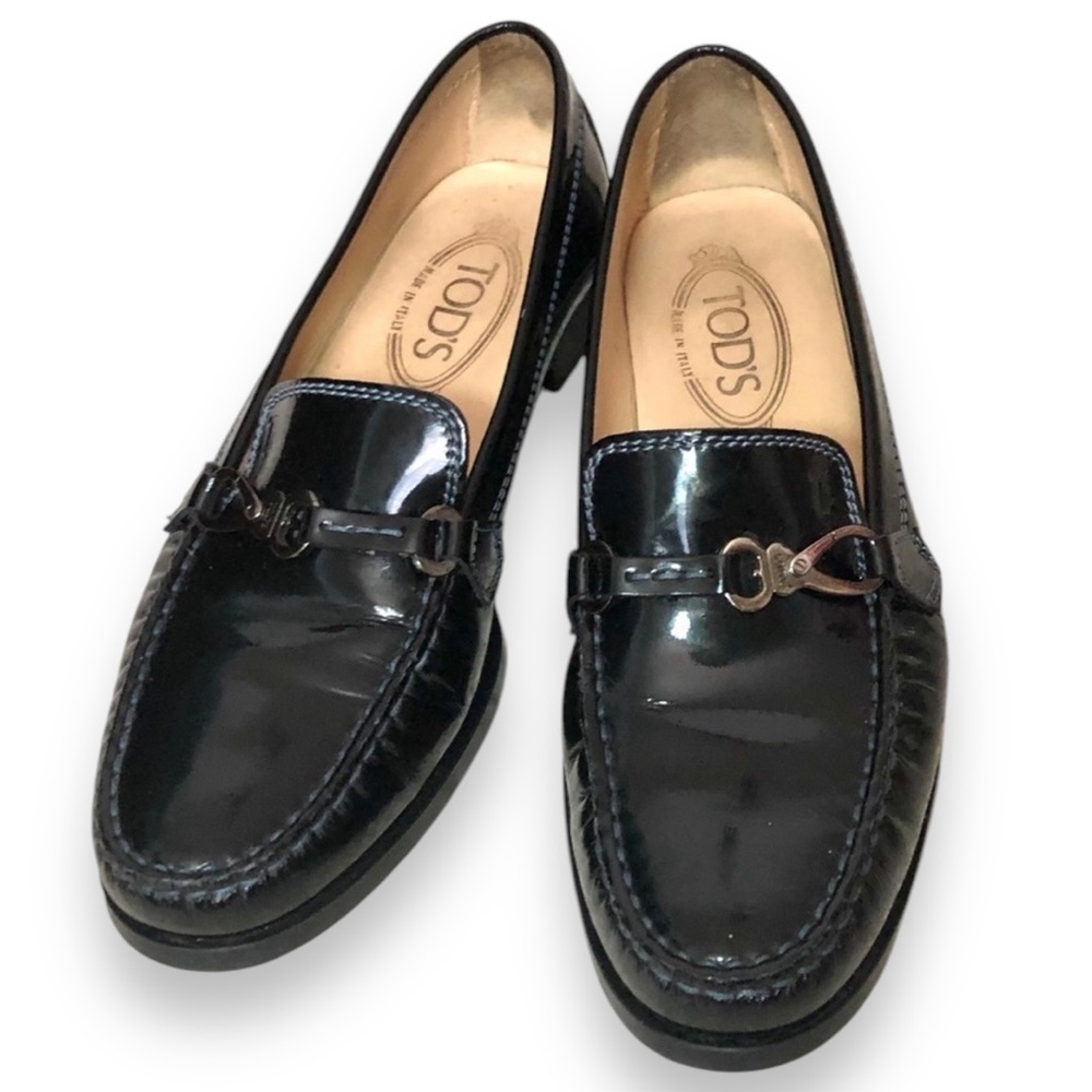 TODS Gommini Black Patent Leather Block Loafers Size 37.5